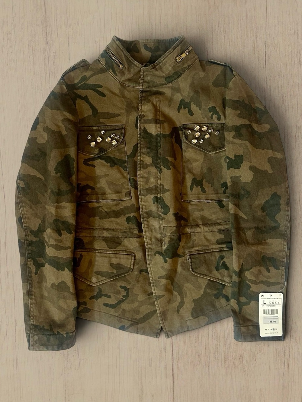 Zara Woman’s Camouflage Jacket with Gem Embellishments Size L